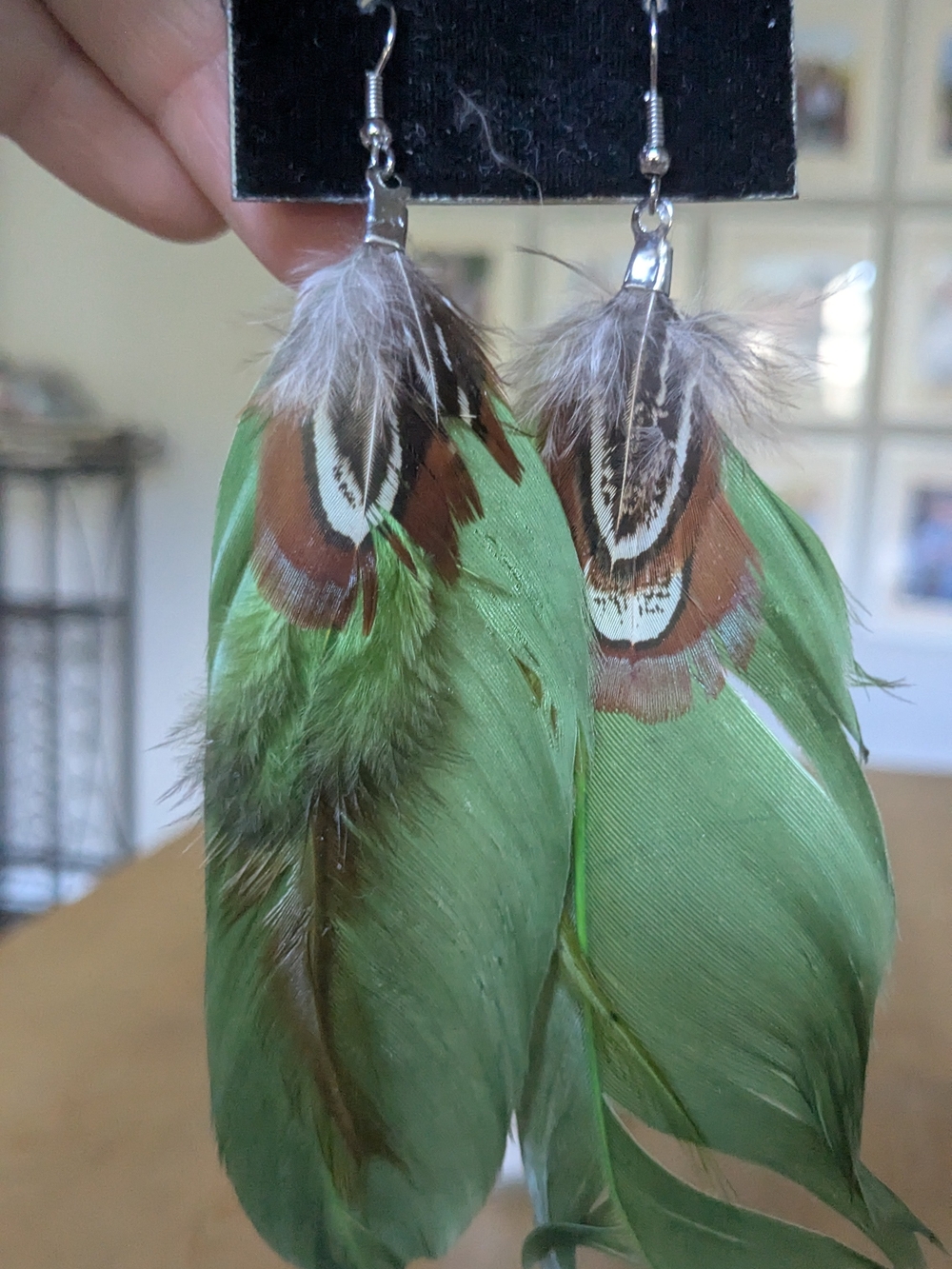 Green Feather Drop Earrings - Unbranded